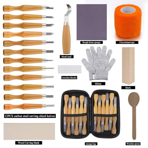 Wood Carving Kit, Wood Carving Knife Set with 33 PCS, Whittling Knife, wood whittling kit for Beginners Adults and Kids, Wood Carving Knives with Basswood Wood Blocks for DIY Making Spoon, Cup, Bowl