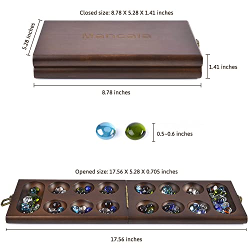 AMEROUS Wooden Mancala Board Game Set with 72+8 Bonus Multi Color Glass Stones - Folding Board - Mancala Instructions, Classic Family Board Game for Kids Adults, Tabletop Version