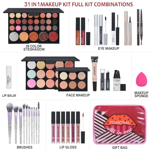 Makeup Kit For Wonmen Full Kit Eyeshadow Eyeliner lipgloss, Lipstick Makeup brushes Mascara Eyebrow pencil Concealer Face Powder Primer make up Set For Girls Beginners