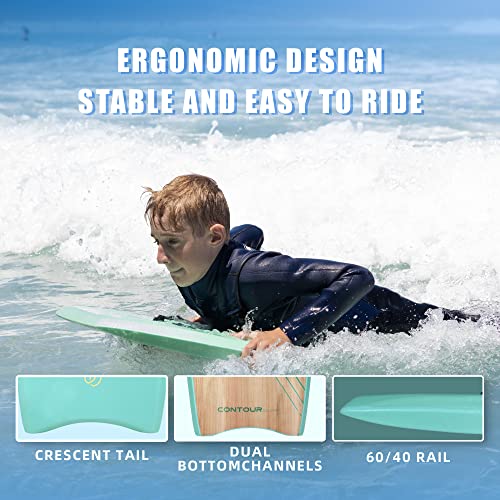 Reed Body Board 33 Inches Bodyboard Body Boards for Beach Kids Lightweight EPS Core Dual Channel Double Swivel Coiled Wrist Leash for All Surfing Levels