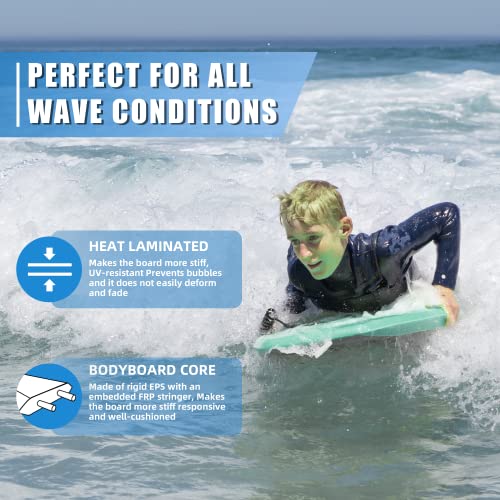 Reed Body Board 33 Inches Bodyboard Body Boards for Beach Kids Lightweight EPS Core Dual Channel Double Swivel Coiled Wrist Leash for All Surfing Levels