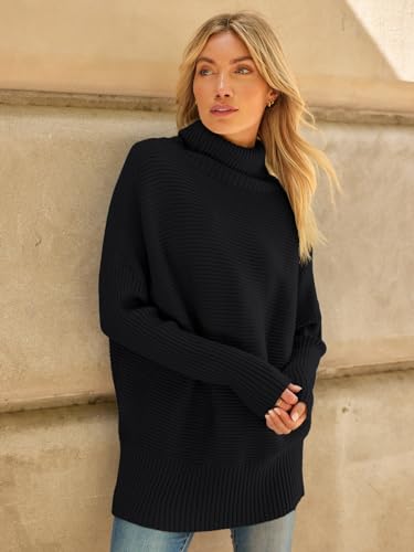 LILLUSORY Oversized Sweaters Women Long Turtleneck Turtle Neck Tunic 2024 Trendy Mock Pullover Batwing Sweater Tops Wear Leggings Black