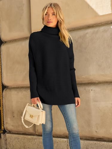 LILLUSORY Oversized Sweaters Women Long Turtleneck Turtle Neck Tunic 2024 Trendy Mock Pullover Batwing Sweater Tops Wear Leggings Black