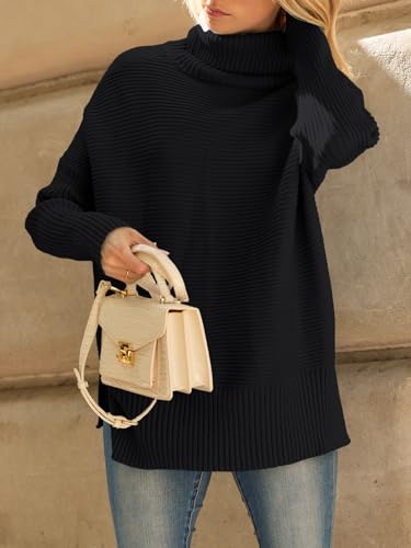 LILLUSORY Oversized Sweaters Women Long Turtleneck Turtle Neck Tunic 2024 Trendy Mock Pullover Batwing Sweater Tops Wear Leggings Black