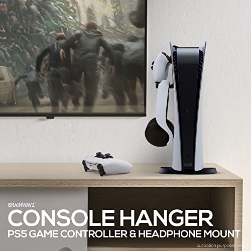 BRAINWAVZ PS5 Game Controller & Headphone Hanger Console Mount for PlayStation PS5 DualSense Gamepad, Hook-On Hanger Bracket (Black)