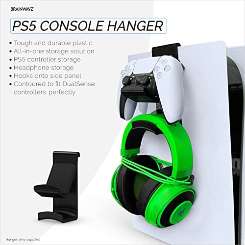 BRAINWAVZ PS5 Game Controller & Headphone Hanger Console Mount for PlayStation PS5 DualSense Gamepad, Hook-On Hanger Bracket (Black)