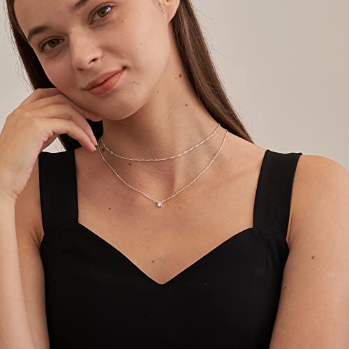 Tewiky Silver Necklace for Women, Dainty Silver Layered Necklaces Sterling Silver Diamond Pendant Necklace Simple Silver Chain Choker Necklaces Fashion Silver Set Jewelry Gifts for Womens