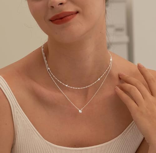 Tewiky Silver Necklace for Women, Dainty Silver Layered Necklaces Sterling Silver Diamond Pendant Necklace Simple Silver Chain Choker Necklaces Fashion Silver Set Jewelry Gifts for Womens