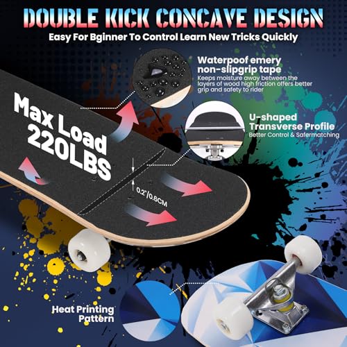 Pro Complete Skateboards for Beginners Girls Boys Kids Youths Teens Adults 31"x8" Skate Boards 7 Layers Canadian Maple Double Kick Deck Concave Longboard