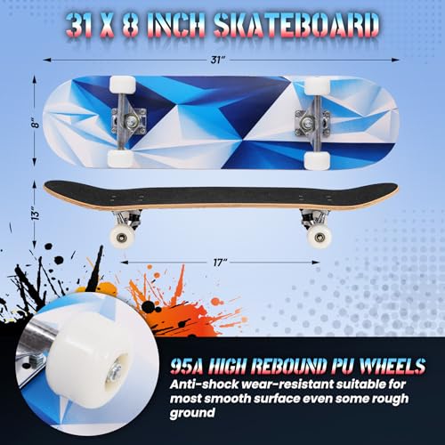 Pro Complete Skateboards for Beginners Girls Boys Kids Youths Teens Adults 31"x8" Skate Boards 7 Layers Canadian Maple Double Kick Deck Concave Longboard