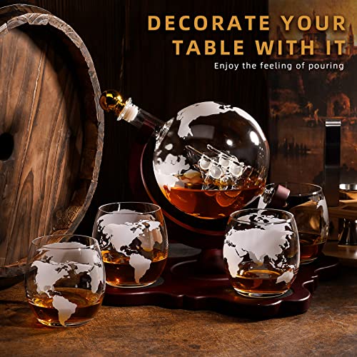 Gifts for Men Dad Husband Fathers Day from Daughter Son, Whiskey Decanter Set with 4 Etched Globe Glasses, Unique Anniversary Birthday House Warming Gift for Brother Boyfriend, Cool Bourbon Presents