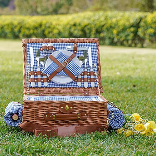 Picnic Basket for 4, Insulated Willow Picnic Baskets with Shoulder Strap, Picnic Hamper with Waterproof Picnic Blanket, Handmade Wicker Hamper for Outdoor, Great Gifts for Thanksgiving, Christmas