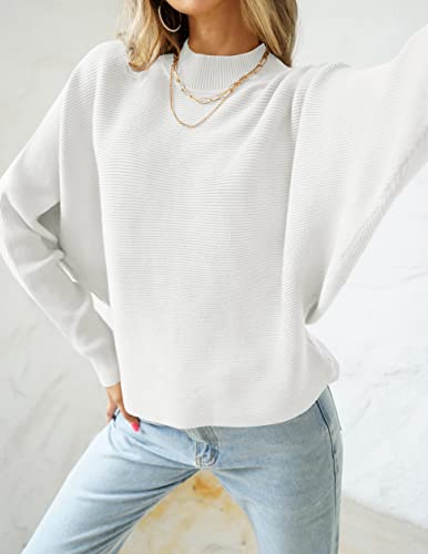 ZESICA Women's 2024 Fall Turtleneck Batwing Long Sleeve Ribbed Knit Casual Soft Pullover Sweater Jumper Top,White,Medium