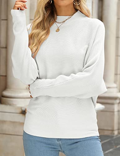 ZESICA Women's 2024 Fall Turtleneck Batwing Long Sleeve Ribbed Knit Casual Soft Pullover Sweater Jumper Top,White,Medium