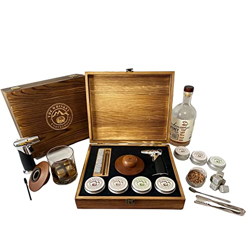 Bourbon, Whiskey Smoker Kit - Cocktail Smoking Kit with Butane Torch, Smoke Top, Whiskey Stones - Apple, Cherry, Oak, Walnut Wood Chips - Premium Wooden Box. No Butane