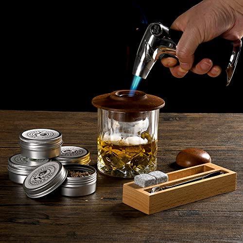 Bourbon, Whiskey Smoker Kit - Cocktail Smoking Kit with Butane Torch, Smoke Top, Whiskey Stones - Apple, Cherry, Oak, Walnut Wood Chips - Premium Wooden Box. No Butane