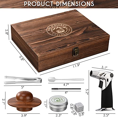 Bourbon, Whiskey Smoker Kit - Cocktail Smoking Kit with Butane Torch, Smoke Top, Whiskey Stones - Apple, Cherry, Oak, Walnut Wood Chips - Premium Wooden Box. No Butane