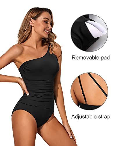 Holipick One Shoulder One Piece Swimsuit for Women Tummy Control Bathing Suits Modest Full Coverage Keyhole Swimwear