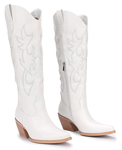 Pasuot White Cowboy Boots for Women - Wide Calf Cowgirl Knee High Western with Side Zip and Embroidered, Pointed Toe Chunky Heel Retro Classic Tall Boot Pull On for Ladies Fall Winter Size 8