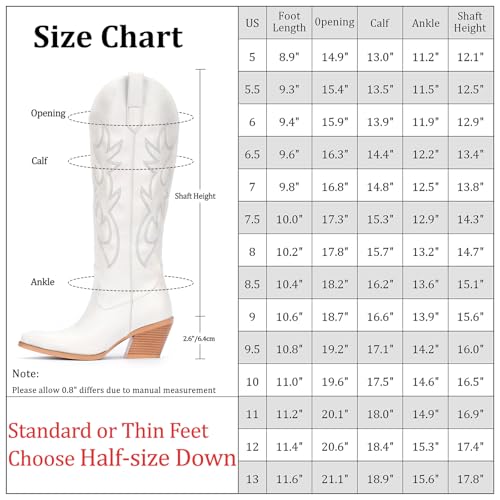 Pasuot White Cowboy Boots for Women - Wide Calf Cowgirl Knee High Western with Side Zip and Embroidered, Pointed Toe Chunky Heel Retro Classic Tall Boot Pull On for Ladies Fall Winter Size 8