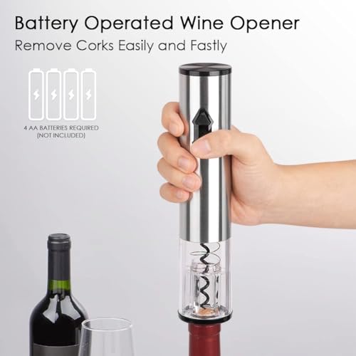 CIRCLE JOY 5-in-1 Electric Wine Opener Gift Set Stainless Steel Electric Wine Bottle Opener Battery Operated Corkscrew with Foil Cutter, Wine Pour, Wine Stopper and Storage Base, Silver