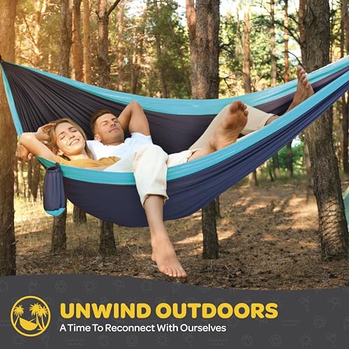 Durable Hammock 500 lb Capacity, Nylon Camping Hammock Chair - Double or Single Sizes w/Tree Straps and Attached Carry Bag - Portable for Travel/Backpacking/Beach/Backyard (Large, Black & Light Grey)