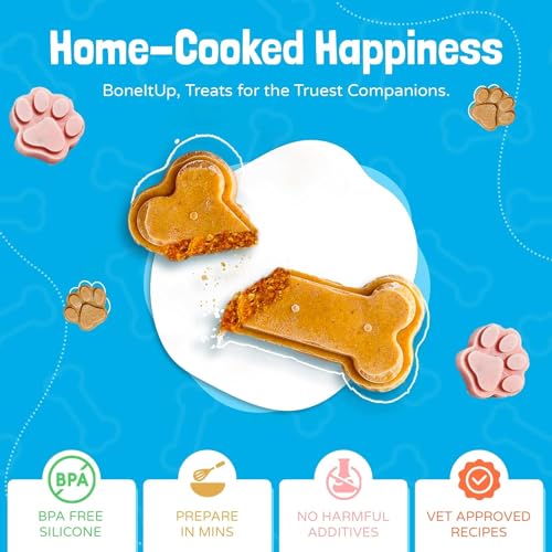 BoneItUp Homemade Dog Treats Set Silicone Molds Cookie Cutters with Healthy Vet Approved Recipes, Puppy Treats with Paws & Bones Food Grade Silicone Trays and for Candy and Dog Ice Cubs