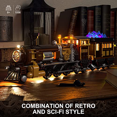 FUNWHOLE Train Lighting Building Bricks Set - Steampunk Ore Train LED Light Building Set 1056 Pieces for Adults and Teens