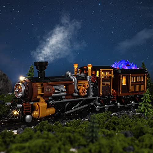 FUNWHOLE Train Lighting Building Bricks Set - Steampunk Ore Train LED Light Building Set 1056 Pieces for Adults and Teens