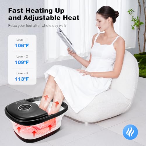 Collapsible Foot Spa Bath with Heat, Remote Control, Temperature Control, Bubbles, Pumice Stone, Red Light, Timer, 16 Massage Roller Pedicure Foot Spa Tub Foot Soaker for Soothe & Relax Tired Feet