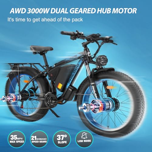 PHILODO Electric Bike for Adults, 48V 23Ah Fat Tire Ebike Dual Motor AWD 2000W 35MPH Electric Bicycles 21-Speed with Ignition Lock Hydraulic Disc Brake