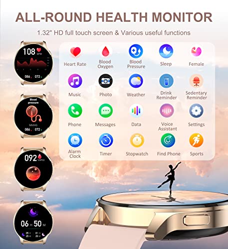 Iaret Smart Watch for Women (Answer/Make Call), Fitness Tracker for Android and iOS Phones Waterproof Smartwatch with 1.32" HD Full Touch Screen AI Voice Control Heart Rate Sleep Monitor Pedometer