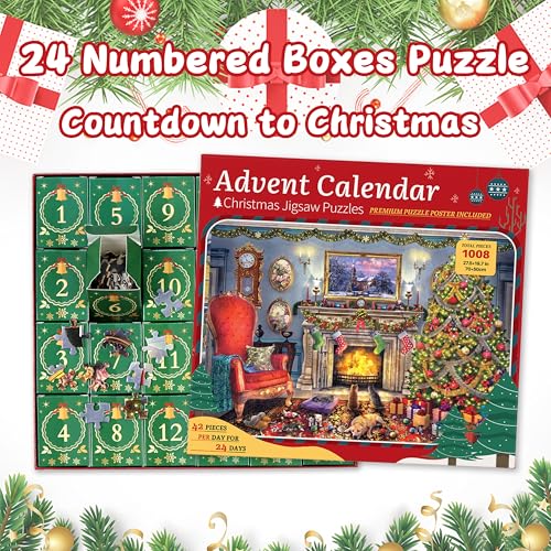 Puzzle Advent Calendar 2024 Christmas Jigsaw Puzzles - Festive Fireplace 1008 Pieces Jigsaw Puzzle 24 Days Christmas Countdown Advent Calendar Puzzle for Adults and Kids Countdown to Christmas Puzzles Gift