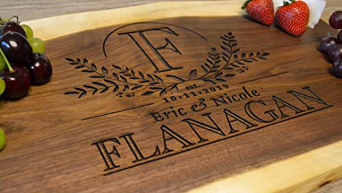 Personalized Cutting Board Wedding Gift – Walnut Live Edge Wood (6 Designs) Customized Monogramed Bride Groom Unique Engraved Rustic Display Newlywed Couple Parents Anniversary Housewarming Christmas