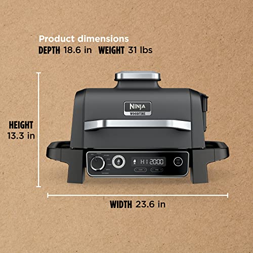 Ninja Woodfire Pro 7-in-1 Grill & Smoker with Thermometer, Air Fryer, BBQ, Bake, Roast, Broil - Portable Electric Outdoor Grill, Grey