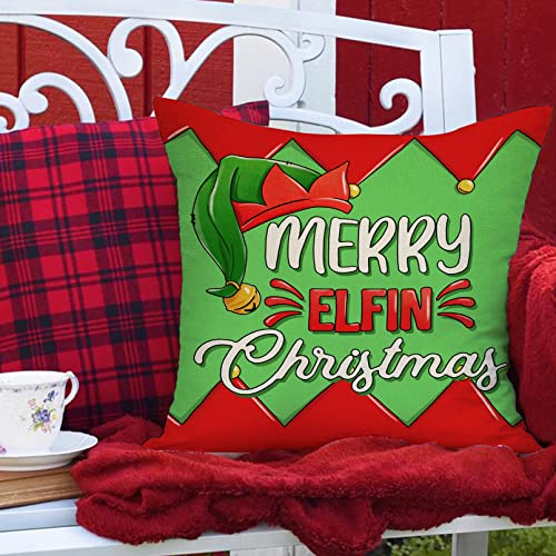 Ussap Christmas Elf Squad Decorative Throw Pillow Covers, Merry Elfin Xmas Chimney Polka Dots Gifts Home Decoration, Winter Holiday Cushion Case for Sofa Couch Decor Cotton Linen 18 x 18