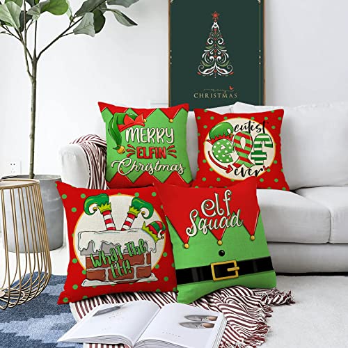 Ussap Christmas Elf Squad Decorative Throw Pillow Covers, Merry Elfin Xmas Chimney Polka Dots Gifts Home Decoration, Winter Holiday Cushion Case for Sofa Couch Decor Cotton Linen 18 x 18