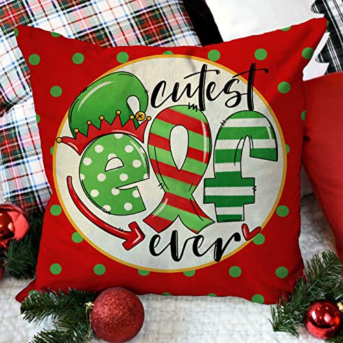 Ussap Christmas Elf Squad Decorative Throw Pillow Covers, Merry Elfin Xmas Chimney Polka Dots Gifts Home Decoration, Winter Holiday Cushion Case for Sofa Couch Decor Cotton Linen 18 x 18