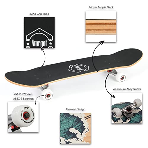 Skateboards for Beginners,31 * 8 inches Complete Skateboards for Kids,Boys,Girls and Adults,7 Layer Maple Wood,Double Kick Deck Concave Standard and Tricks Skateboard