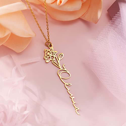 Dreamdecor Custom Birth Flower Name Necklace 18K Gold Plated Floral Name Necklace Personalized Bridesmaid Proposal Gifts for Women