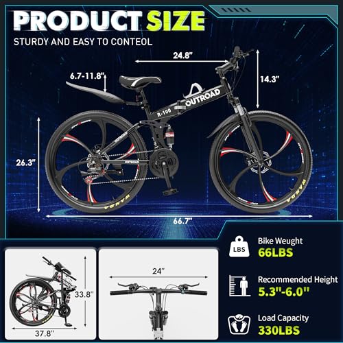 26 Inch Folding Mountain Bike, 21 Speed Full Suspension Bicycle with High-Carbon Steel, Dual Disc Brake Non-Slip Quick Release tire Folding Bicycle for Adults/Men/Women