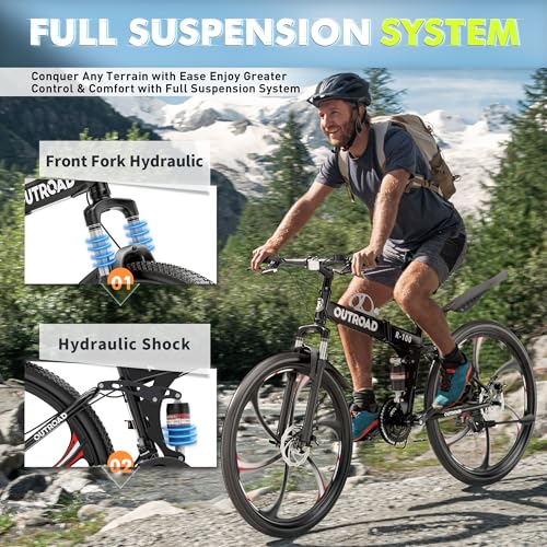 26 Inch Folding Mountain Bike, 21 Speed Full Suspension Bicycle with High-Carbon Steel, Dual Disc Brake Non-Slip Quick Release tire Folding Bicycle for Adults/Men/Women