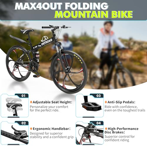 26 Inch Folding Mountain Bike, 21 Speed Full Suspension Bicycle with High-Carbon Steel, Dual Disc Brake Non-Slip Quick Release tire Folding Bicycle for Adults/Men/Women