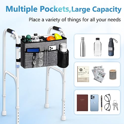 Rhino Valley Walker Bag, Multi Pockets Folding Walker Basket Tote Bag with Cup Holder, Hand-Free Carry Pouch Storage Bag for Universal Walkers, Large Capacity Organizer for Seniors Elderly, Gray