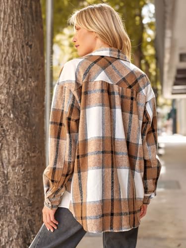 AUTOMET Womens Fall Outfits Fashion Clothes Shackets Flannel Plaid Button Down Long Sleeve Shirts Jackets 2024 Apricot XXL