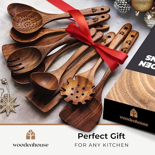 Wooden Spoons for Cooking, 10 Pcs Wooden Cooking Utensils Set – Wooden Utensil Set for Nonstick Pans & Cookware – Teak Wood - Sturdy, Lightweight & Heat Resistant