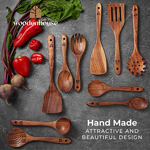 Wooden Spoons for Cooking, 10 Pcs Wooden Cooking Utensils Set – Wooden Utensil Set for Nonstick Pans & Cookware – Teak Wood - Sturdy, Lightweight & Heat Resistant