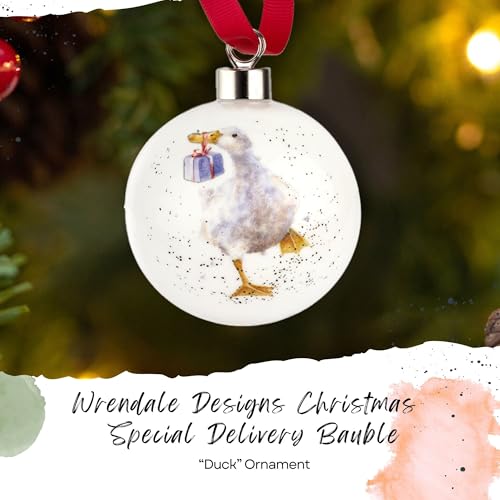 Royal Worcester Wrendale Designs Hanging Ornament | Special Delivery Bauble with Duck Motif | 2.6 Inch | Made from Fine Bone China | Hanging Christmas Tree Ornament