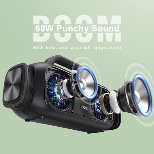 DOSS Extreme Boom Bluetooth Outdoor Speaker with 60W Mighty Sound, Deep Bass, 30H Playtime,10400mAh Power Bank, IPX6 Waterproof Speaker with Portable Strap for Camping, Pool, Beach, Garage, Work