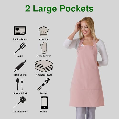 TOSHE Kitchen Apron Waterdrop Resistant Cotton Apron with adjustable Aprons for Women with Pockets 10 Color option Cooking Powder Pink Apron (Powder Pink)